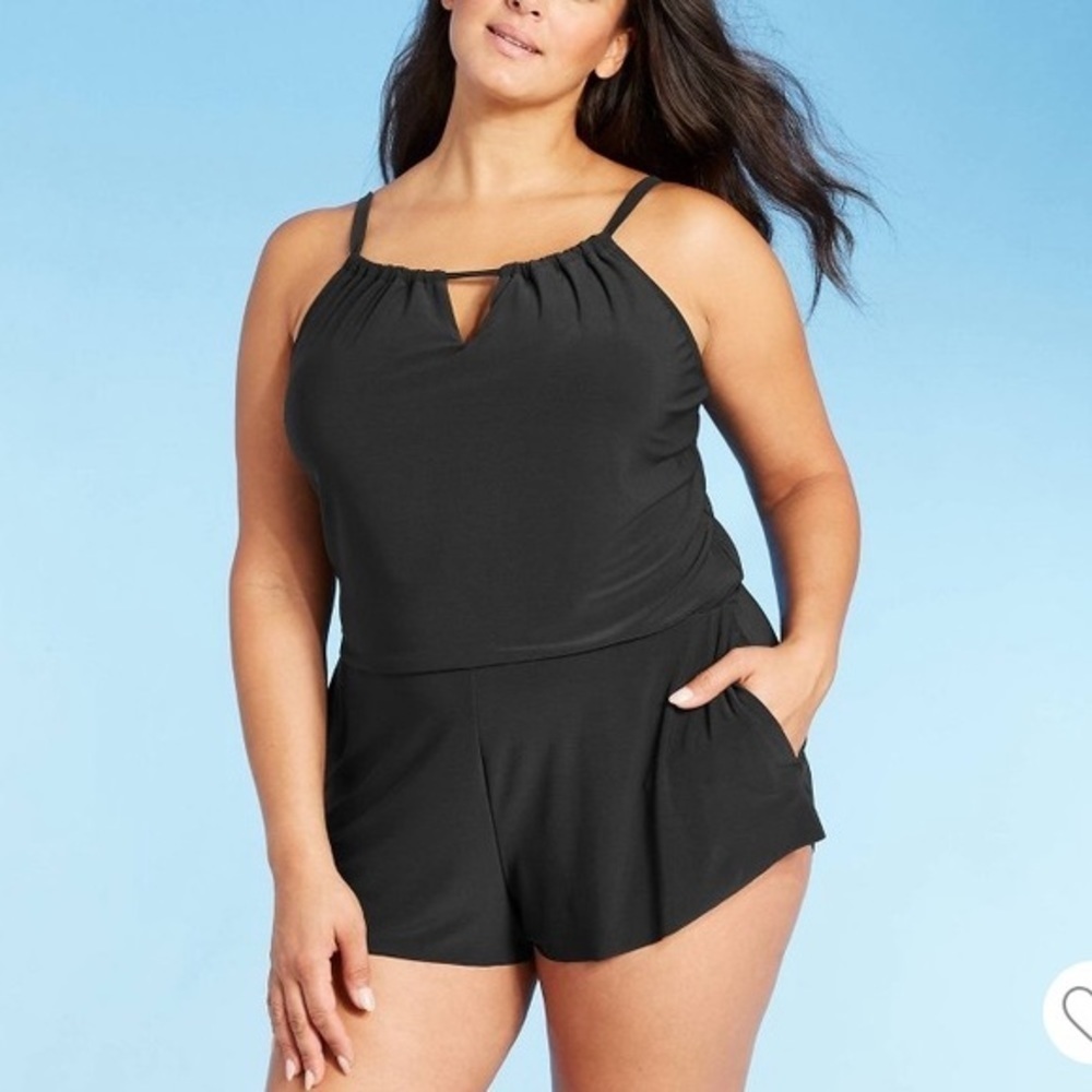 Aqua Green Women's High Neck Swim Romper with Pockets - Black‎